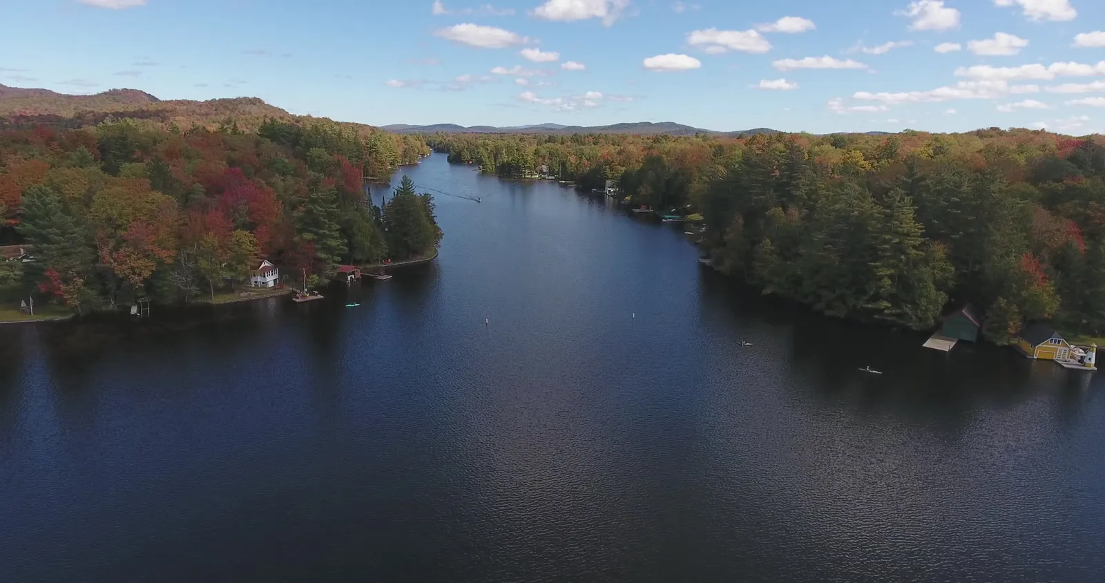 Boathouses on the channel between Old Forge Pond and First Lake