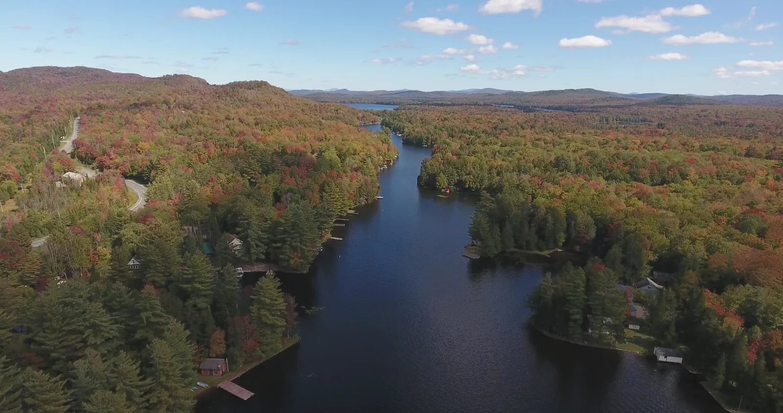 The Fulton Chain channel and NY-28 from above Old Forge, fall color