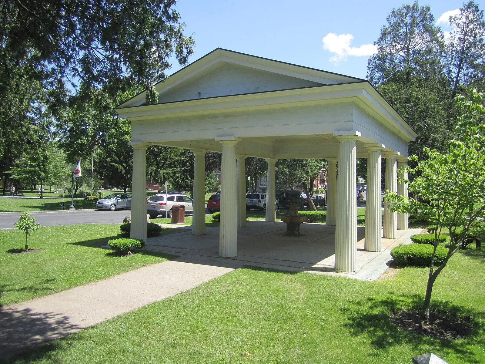 The columned Congress Spring pavilion in Congress Park, Saratoga Springs, in June