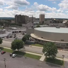 The Aud with downtown Utica behind it, September 2017