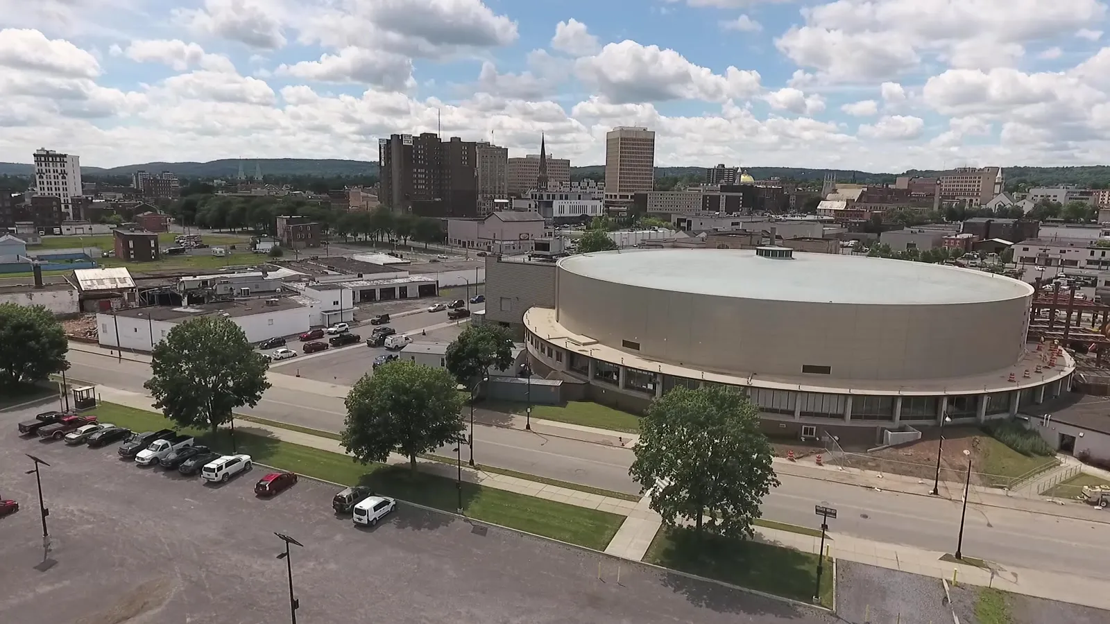 The Aud with downtown Utica behind it, September 2017