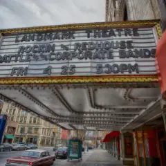 The Landmark Theatre marquee on South Salina Street, Syracuse, lettered for a Friday show