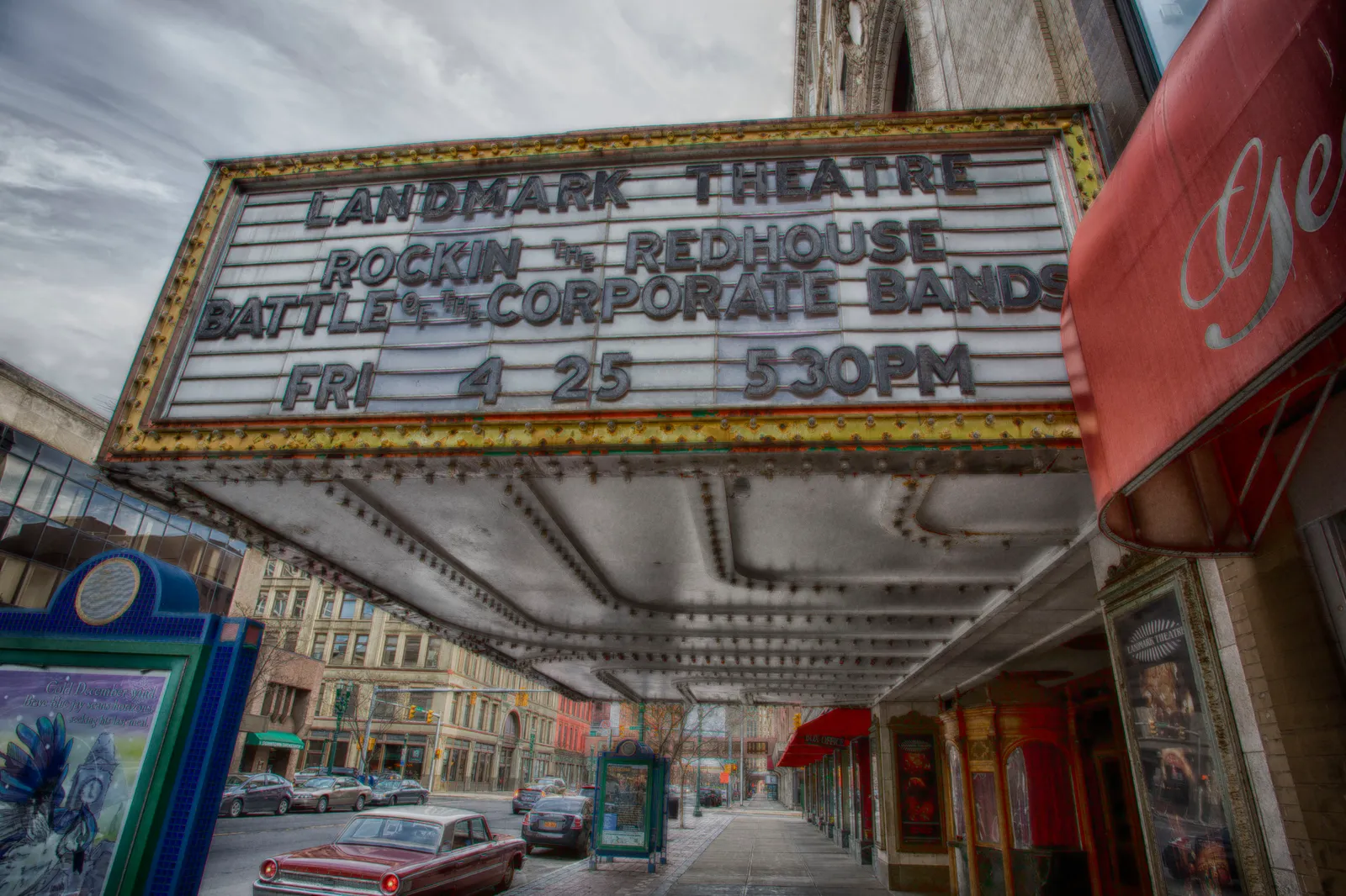 The Landmark Theatre marquee on South Salina Street, Syracuse, lettered for a Friday show