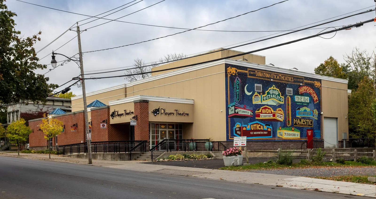 The Players Theatre on State Street, Utica, with the painted mural on its side wall