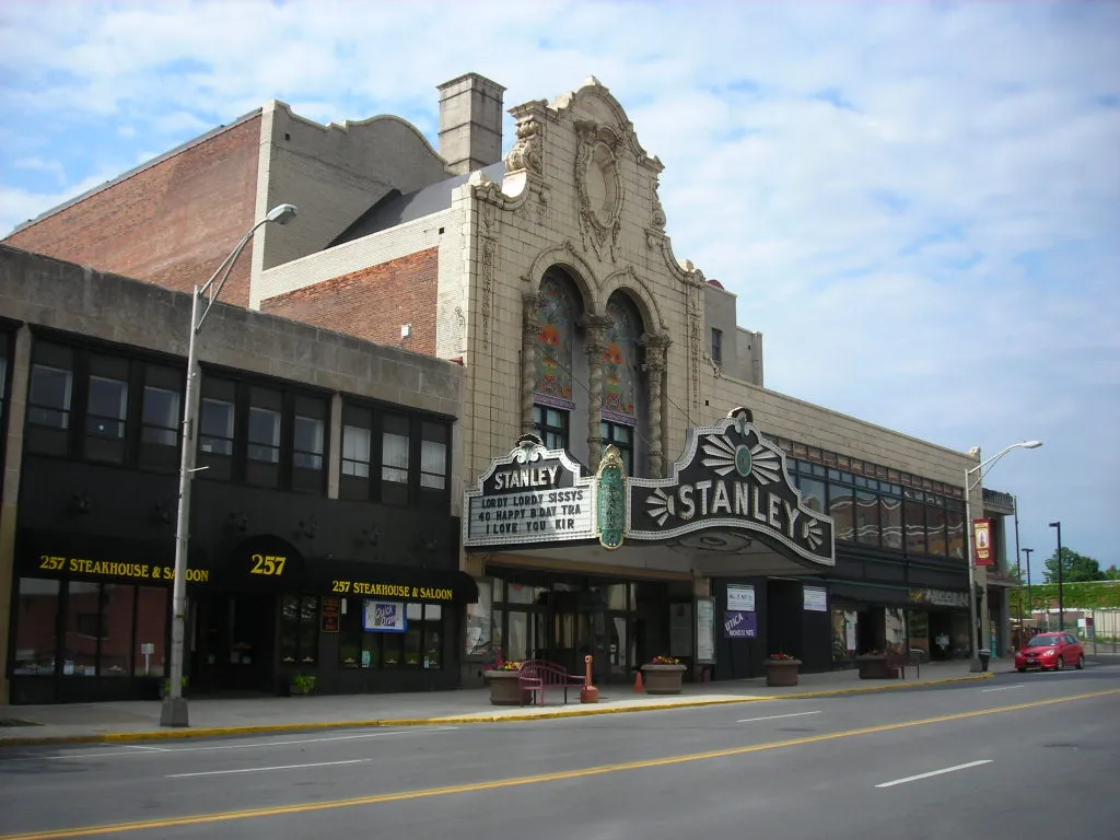 The Stanley Theatre's marquee and terracotta front on Genesee Street, Utica